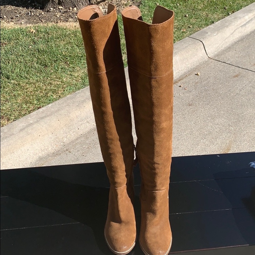 Thigh high suede stacked heel boots